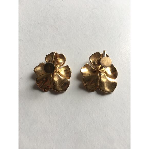 Rhinestone and Gold Floral Screw Back Earrings - Picture 3 of 5